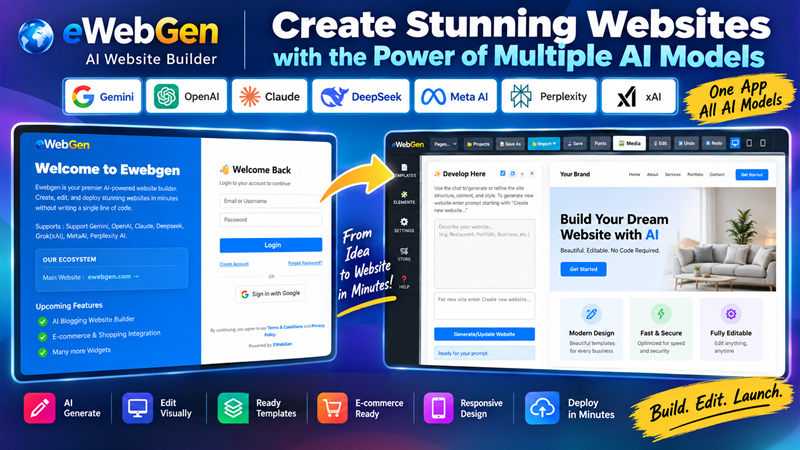 EWebGen supports Gemini, OpenAI, Claude, DeepSeek, Meta AI, Perplexity, xAI